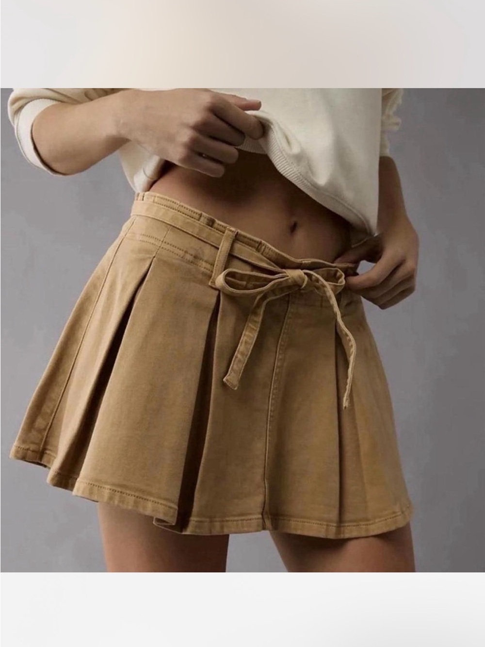 American Eagle Outfitters Tan Pleated Mini Skirt with Drawstring